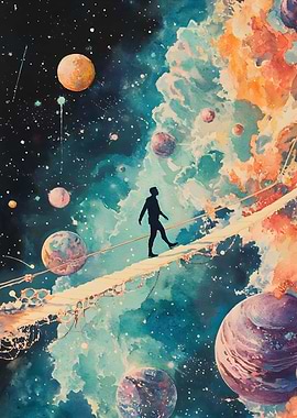 A person walks along a tightrope stretched across Nature Vintage