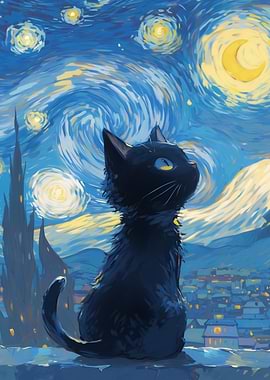 Starry Night Anime Cat