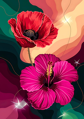 Red Poppy and Pink Hibiscus Art Abstract Design
