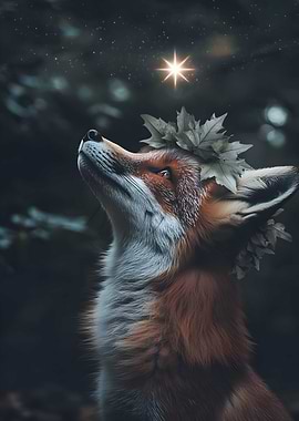 Surrealism A fox with a crown of leaves gazes up