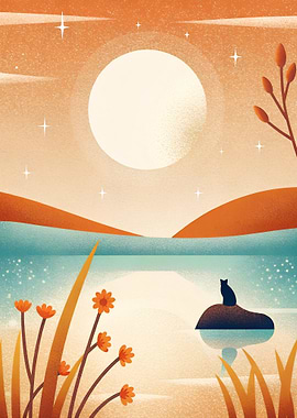 Serene Night Scene with Full Moon, Tranquil Lake, and Curious Cat