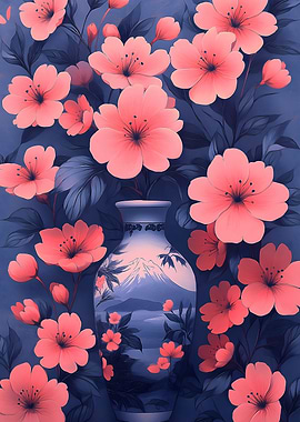 Cherry Blossoms Vase Japanese Landscape
