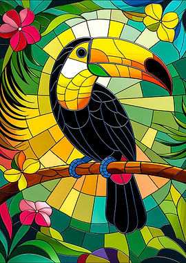 Toucan in Stained Glass Tropical Paradise