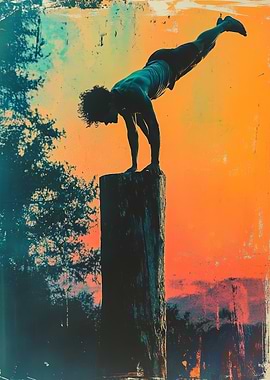 Silhouette of a Man on a Tree Stump, Male Gymnast