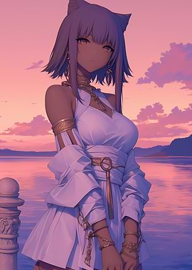 Cat-Eared Anime Girl at Sunset