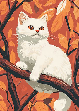 White Cat in Autumn Leaves