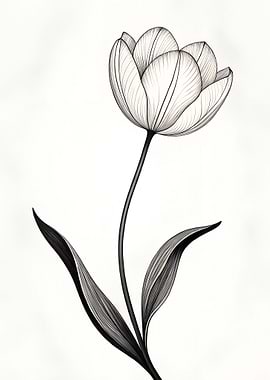 Line Art Tulip minimalist wall art featuring a single, slender botanical stem with small leaves or buds, in fine black ink on a white background.