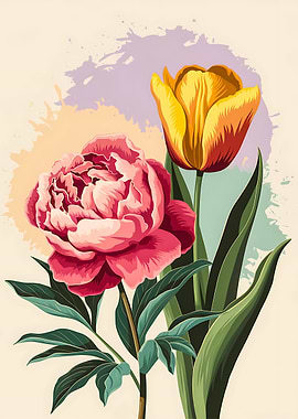 Pink Peony and Yellow Tulip Abstract Design