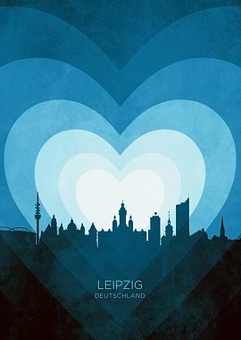 Leipzig Germany Skyline Hearts Blue