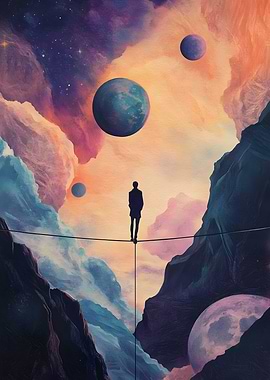 A person walks along a tightrope stretched across Nature