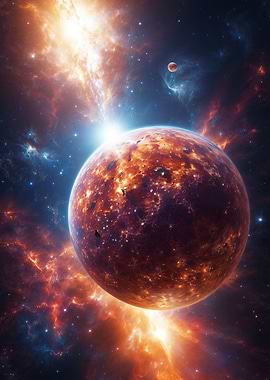 Fiery Cosmic Planet with Nebulae