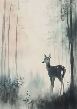 Fawn in Misty Forest
