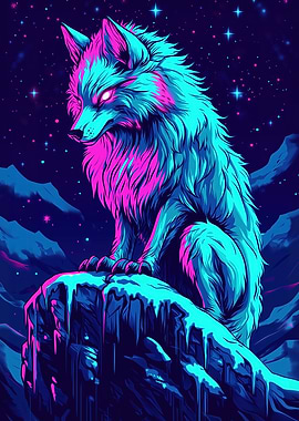 Neon Wolf in Night Sky