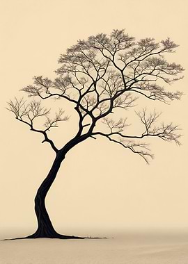 Silhouette of Black Tree with Thin Branches on Neutral Beige Background