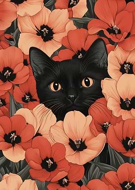 Black Cat in Flowers