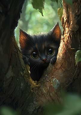 Black Kitten in Tree