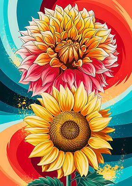 Colorful Floral Sunflower and Dahlia Abstract Waves