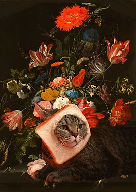 Cat in Bread Hat with Flowers
