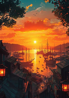 Sunset Harbor Cityscape