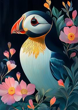 Puffin with Flowers Animal