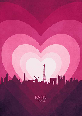 Paris France Skyline Hearts Pink