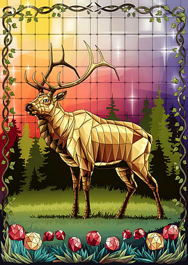 Enchanted Elk in Glass Art Morning Forest