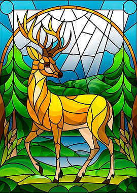 Vibrant Forest Deer in Stained Glass Art