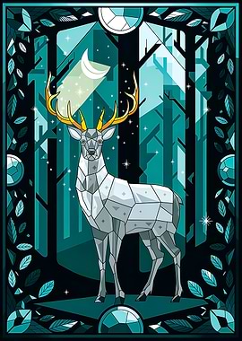 Mystical Deer in Crystalline Nocturnal Scene