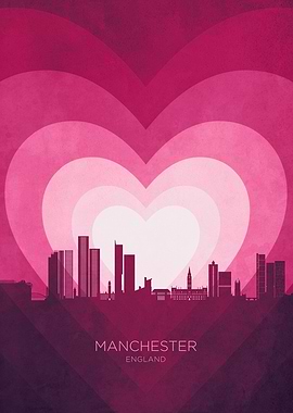Manchester England Skyline Hearts Pink
