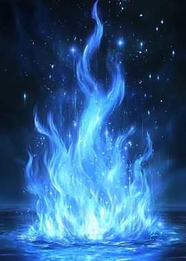 Enchanted Blue Flame Rising from Tranquil Waters - Blue Flame Illustration