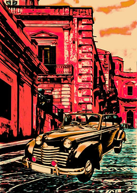 Vintage Car in Cityscape