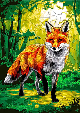 Fox in Forest Stained Glass