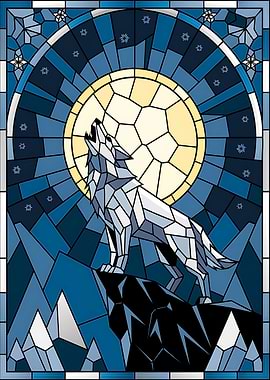 Moonlit Stained Glass Wolf Howling