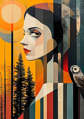 Woman and Owl in Forest