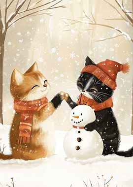 Cats Building Snowman