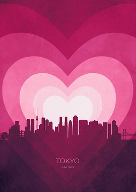 Tokyo Japan Skyline Hearts Pink