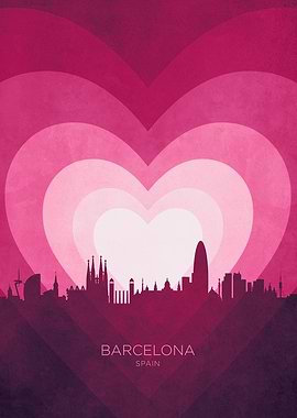 Barcelona Spain Skyline Hearts Pink