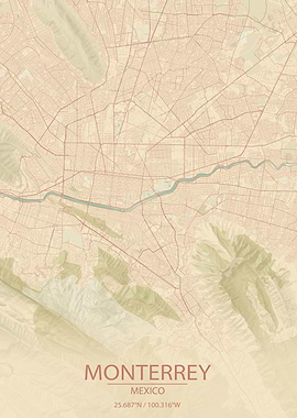 Monterrey Mexico Vintage Style City Map