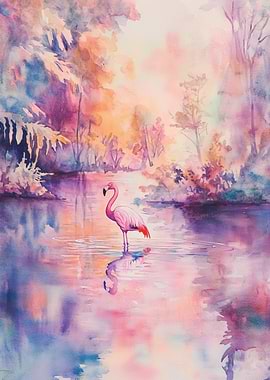 Pink Flamingo in a Watery Landscape