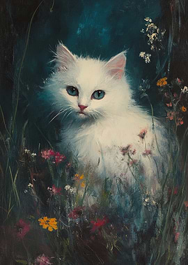 White Kitten in Flowers