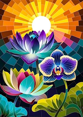 Luminous Sun with Stained Glass Lotus and Orchid