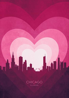 Chicago Illinois Skyline Hearts Pink