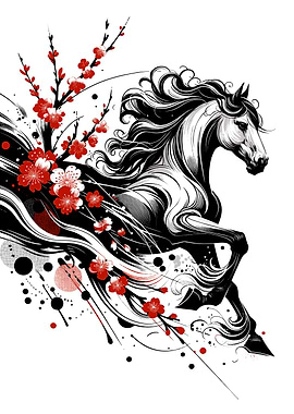 Black and Red Horse with Cherry Blossoms