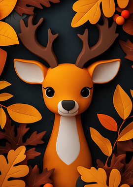 Cute Deer in Autumn Leaves 3D Clay NurseryArt