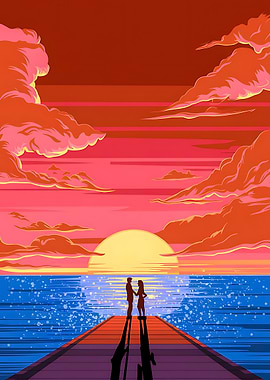 Evening Tranquility Couple Sunset by the Shore