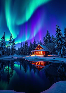 Coze Winter Cabin Under Aurora Borealis