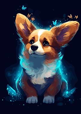 Corgi with Blue Butterflies
