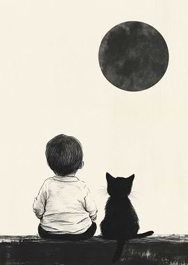 Boy and Cat Under the Moon