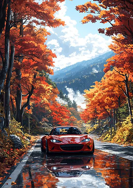 Red Car in Autumn Forest