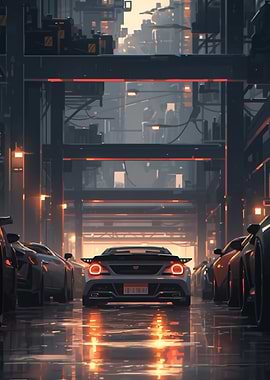 Futuristic Cityscape with Cars